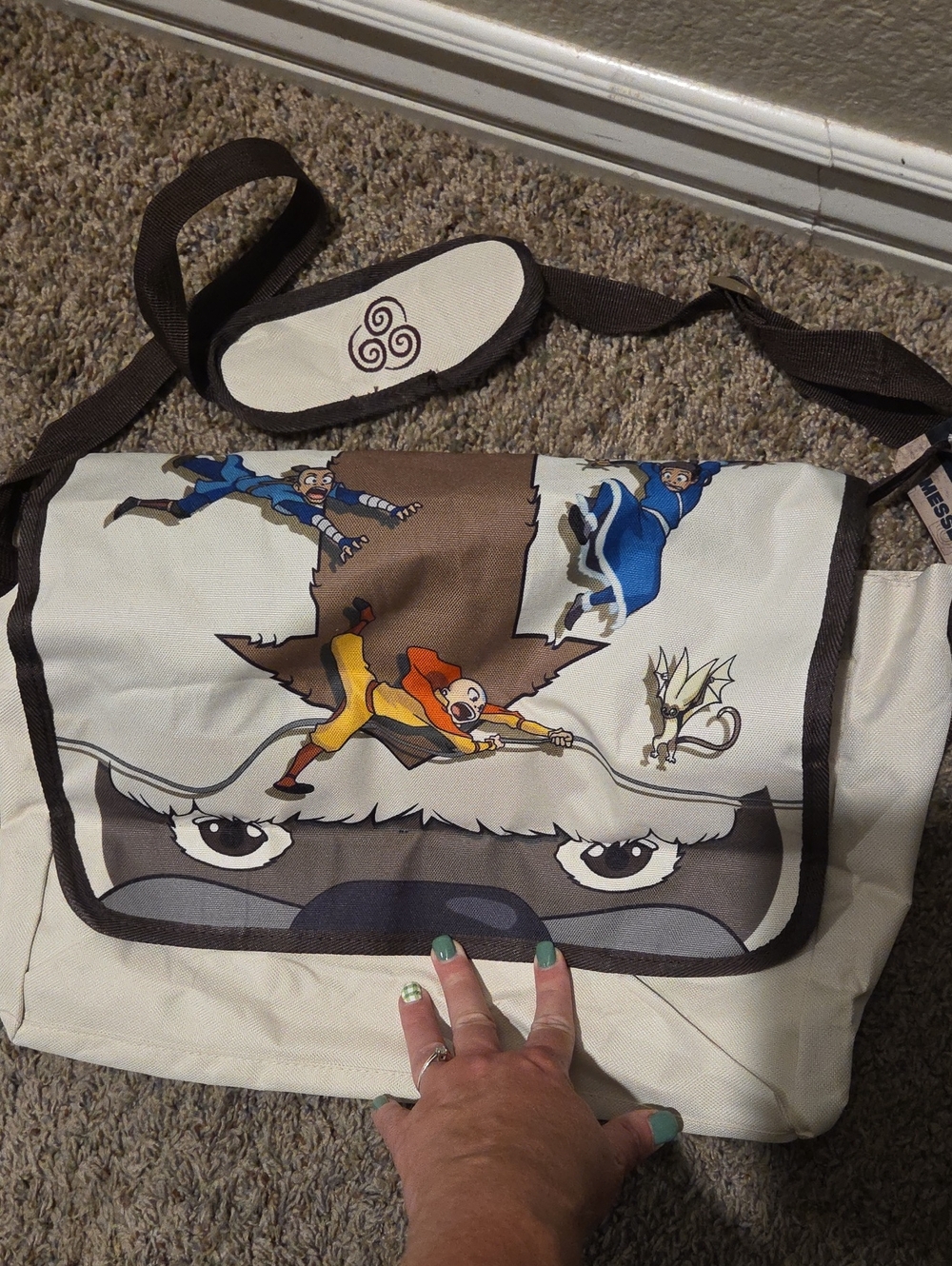 Canvas Messenger Bag in Cream & Brown with Animated Design